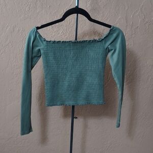 Hollister Olive Off-Shoulder Smocked Blouse Size Medium